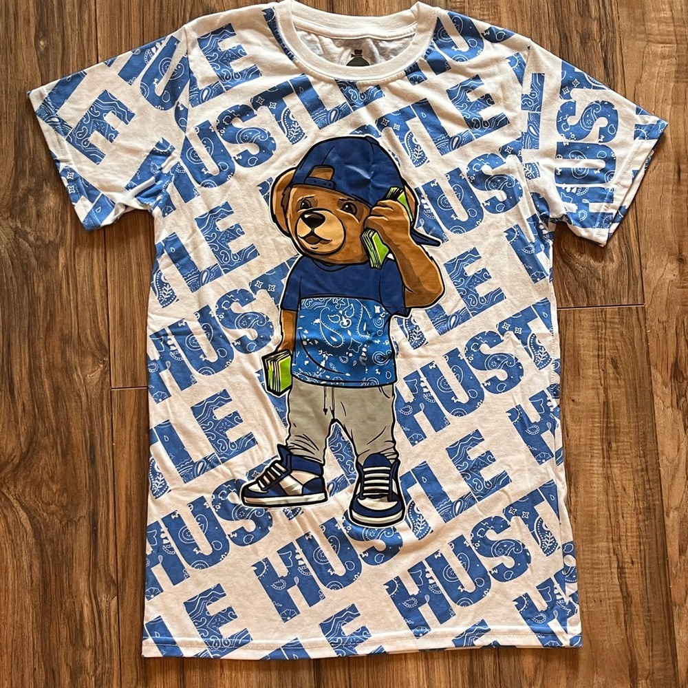 Mens White & Blue Graphic Bear Tee - Hustle Design